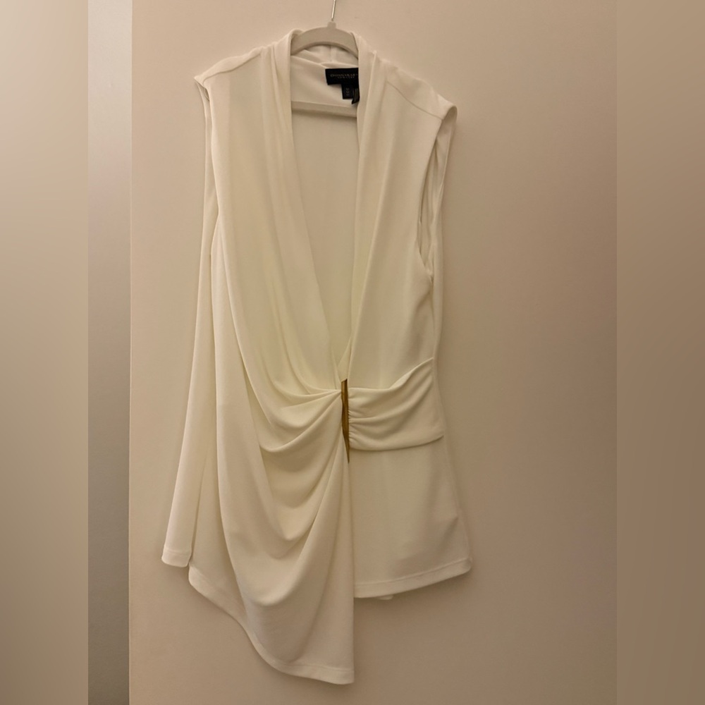 Donna Karan Cream Draped V-Neck Sleeveless Top with Gold Accent